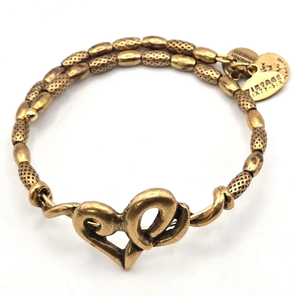 Alex and Ani Vintage Sixty-Six Heart Beaded Rafaelian Gold Wrap‎ Bangle Bracelet